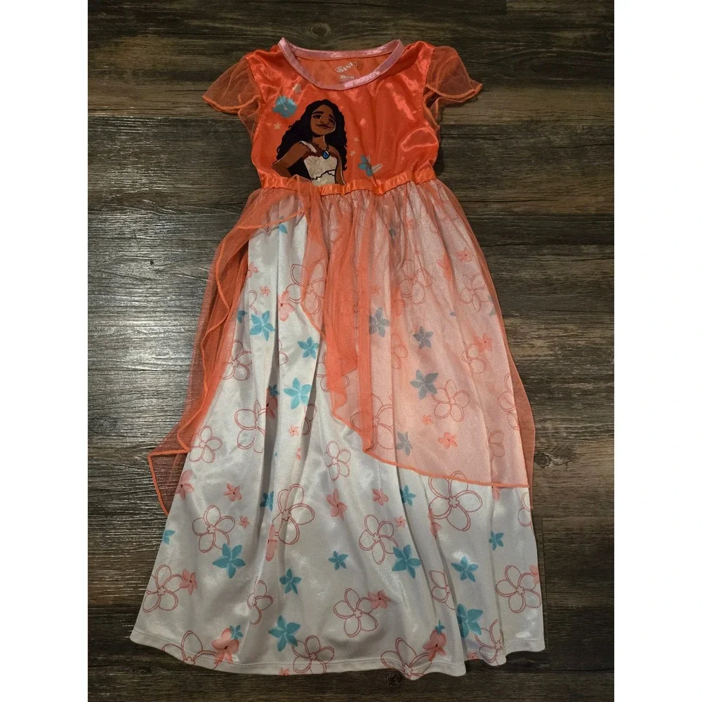 Disney Moana Nightgown Girls Size XS 4-5 Orange White Floral Princess Nightgown